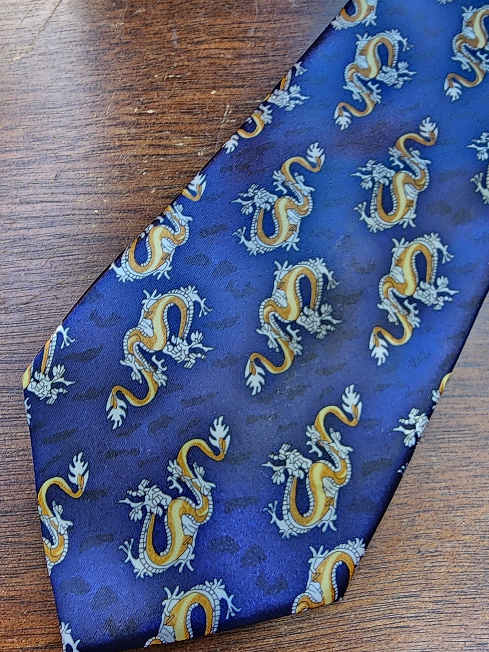 Kai Long Blue Gold Chinese Dragon Silk Tie Handmade Lunar New Year Necktie